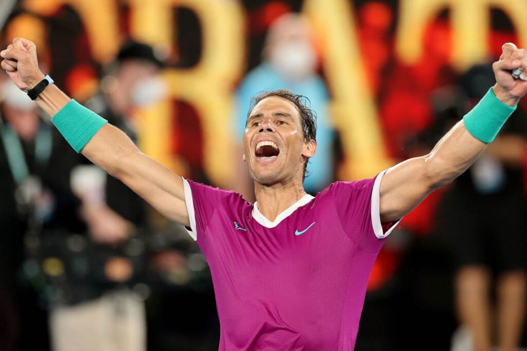 Spain’s Rafael Nadal celebrates after winning the men’s singles final match against Russia’s Daniil Medvedev at the Australian Open. Spain's Rafael Nadal celebrates after winning the men's singles final match against Russia's Daniil Medvedev on day fourteen of the Australian Open tennis tournament in Melbourne on January 31, 2022. - -- IMAGE RESTRICTED TO EDITORIAL USE - STRICTLY NO COMMERCIAL USE -- (Photo by Martin KEEP / AFP) / -- IMAGE RESTRICTED TO EDITORIAL USE - STRICTLY NO COMMERCIAL USE -- (Photo by MARTIN KEEP/AFP via Getty Images)