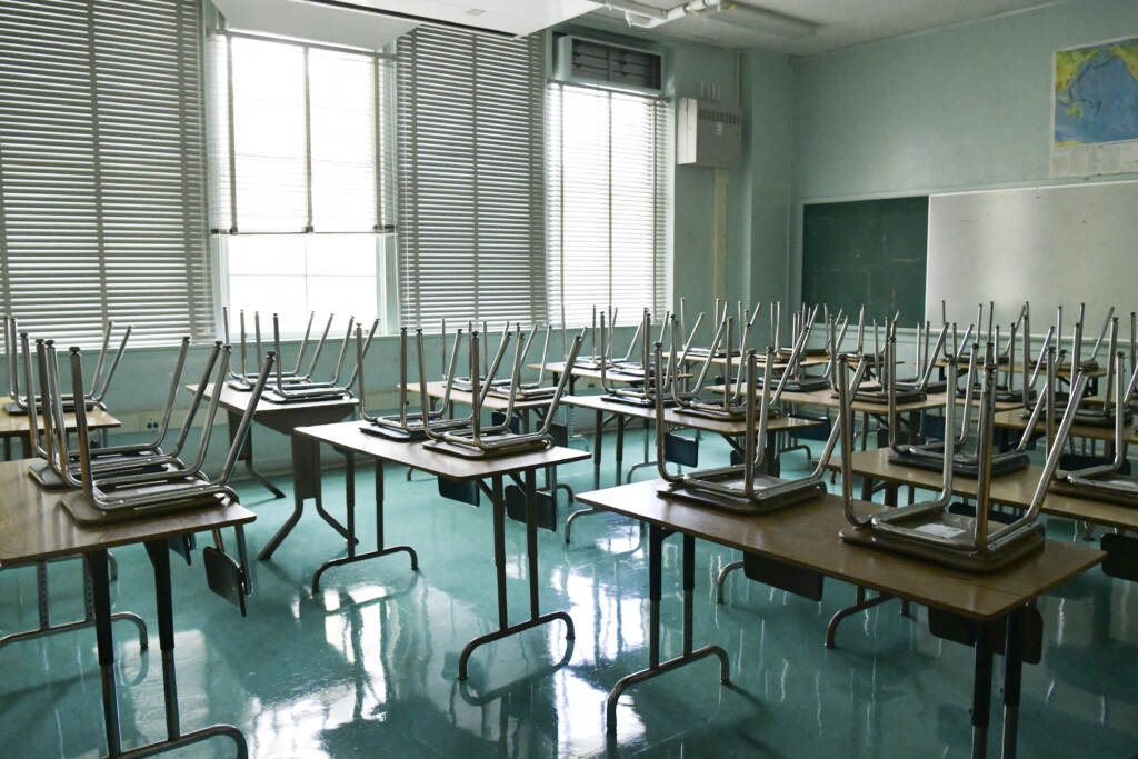 A Hollywood, Calif., classroom sits empty in August 2020. At least 2,750 U.S. schools announced they were cancelling in-person learning this week. An empty classroom
