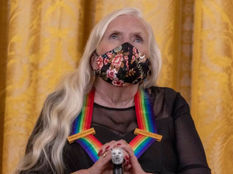 Singer Joni Mitchell attends a reception for Kennedy Center honorees hosted by U.S. President Joe Biden and first lady Dr. Jill Biden in the East Room at the White House on December 5, 2021 in Washington, DC. (Photo by Tasos Katopodis/Getty Images)