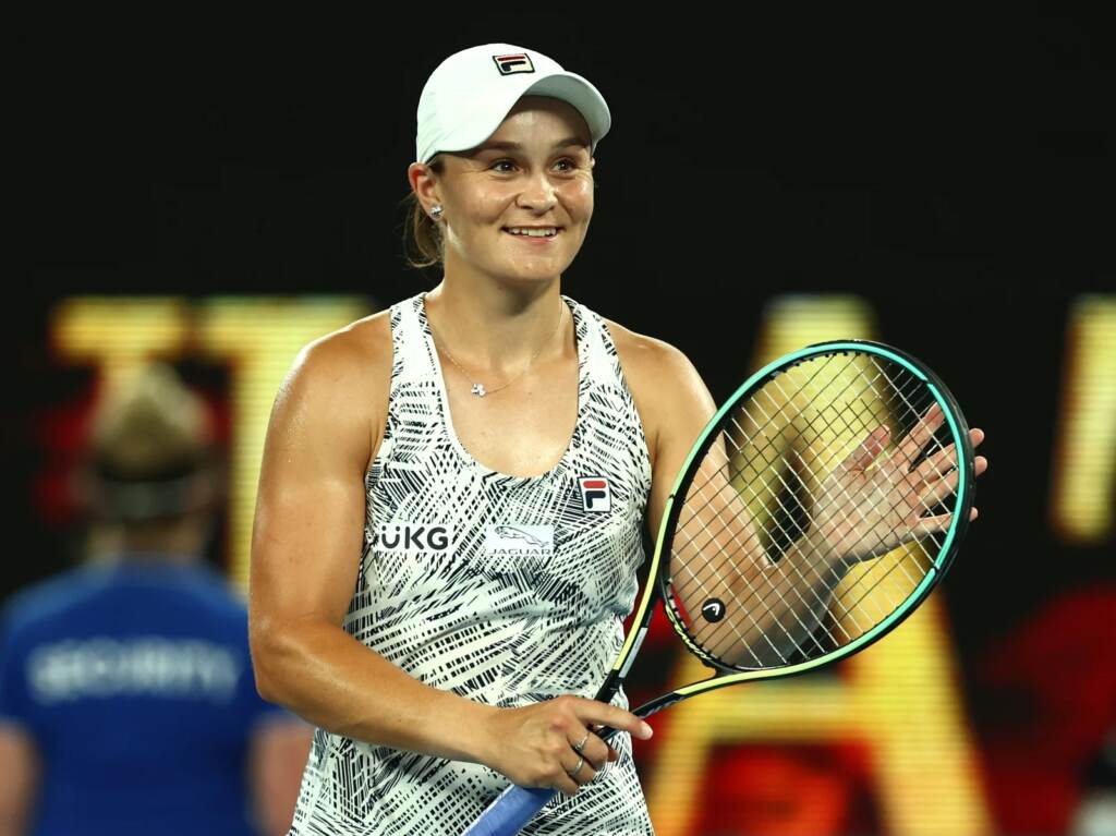 Ash Barty of Australia celebrates winning her Women’s Singles Semifinals match against Madison Keys of United States during day 11 of the 2022 Australian Open at Melbourne Park on Thursday in Melbourne. Ash Barty of Australia celebrates winning her Women's Singles Semifinals match against Madison Keys of United States during day 11 of the 2022 Australian Open at Melbourne Park on January 27, 2022 in Melbourne, Australia. (Photo by Clive Brunskill/Getty Images)