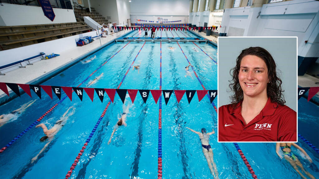 liathomas-pennswimming A photo of Lia Thomas superimposed on an image of Penn's swimming pool