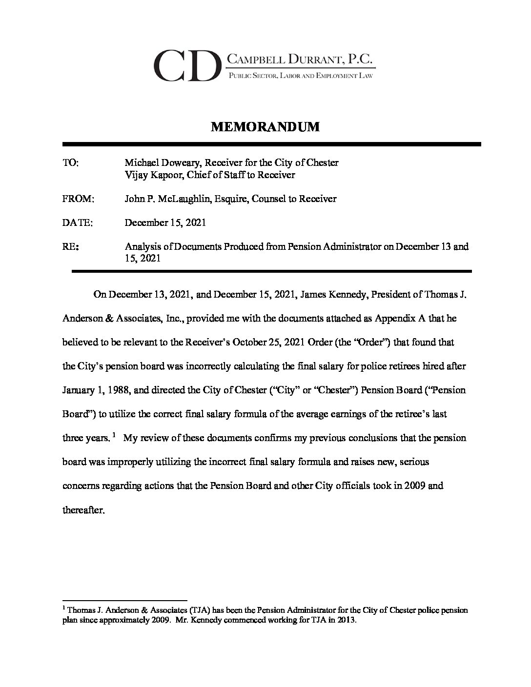 A memorandum from Campbell Durrant, P.C. (Chester Receiver Michael Doweary's counsel) analyzing documents related to police pensions. 