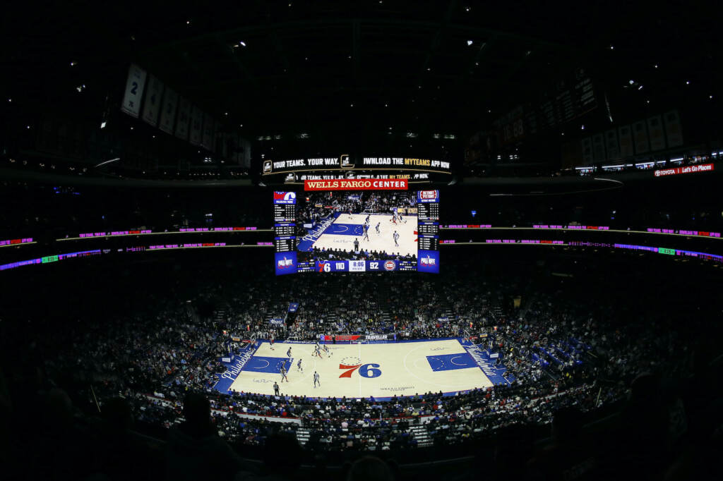 Pistons 76ers Basketball An aerial view of a Sixers game at Wells Fargo Center
