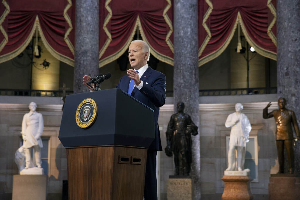 President Joe Biden delivers remarks on the one-year anniversary of the January 6th insurrection in Statuary Hall
