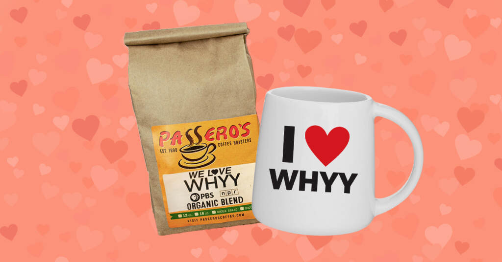 1200x628_CoffeeMugCombo Passero's WHYY coffee bag and a I heart WHYY mug