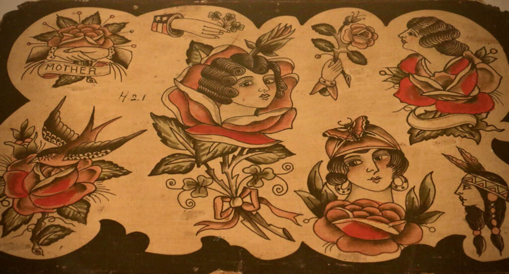 2022 02 03-e lee-philiadelpia american swedish museum-tattoo exhibit buckie buchanan Harry ''Buckie'' Buchanan was a Philadelphia tattoo artist at the turn of the century. He kept a low profile but was very influential among other tattoo artists He was known for his ''flapper'' looks. (Emma Lee/WHYY)