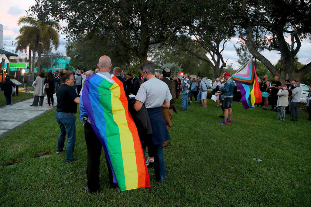 Supporters gather for a Safe Schools South Florida & Friends rally to push back against the so-called “Don’t Say Gay” bill (HB 1557/SB 1834) at the Pride Center in Wilton Manors, Fla., on Feb. 2. People gather outside for a protest over a Florida bill
