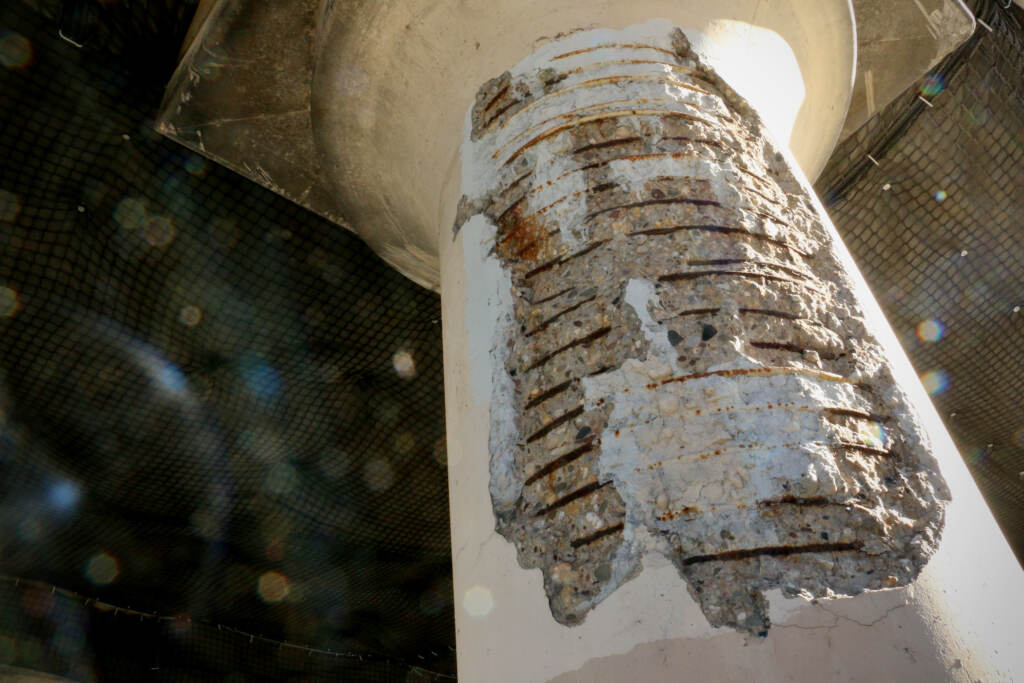 Reinforcing steel is exposed in a supporting column of the 25th Street Viaduct