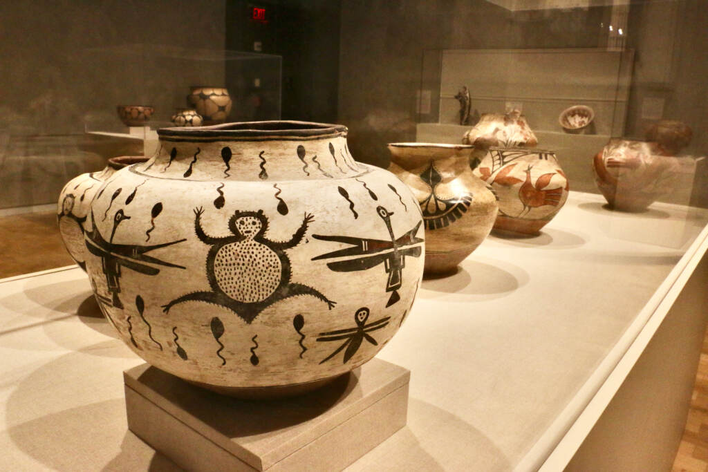 2022 02 17-e lee-philadelphia barnes foundation-southwest native art vessels During trips to the American Southwest with his wife, Albert Barnes collected Pueblo pottery and textiles.His collection is displayed with other traditional and modern works in the Barnes exhibit, ''Water, Wind, Breath: Southwest Native Art in Community.'' (Emma Lee/WHYY)