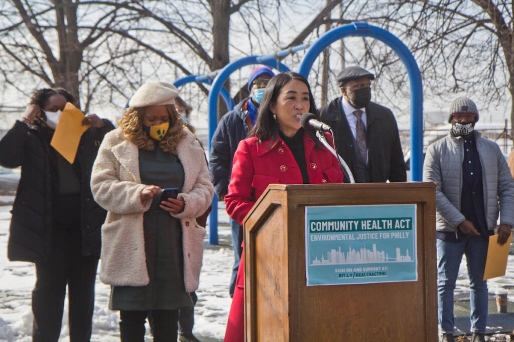 2022 2 2 k paynter the community health act_-3 Philadelphia Councilmember Helen Gym held a press conference at a playground in Southwest Philadelphia on Passyunk Ave. near the oil refinery, announcing plans to introduce The Community Health Act to council, on Feb. 2, 2022. (Kimberly Paynter/WHYY)