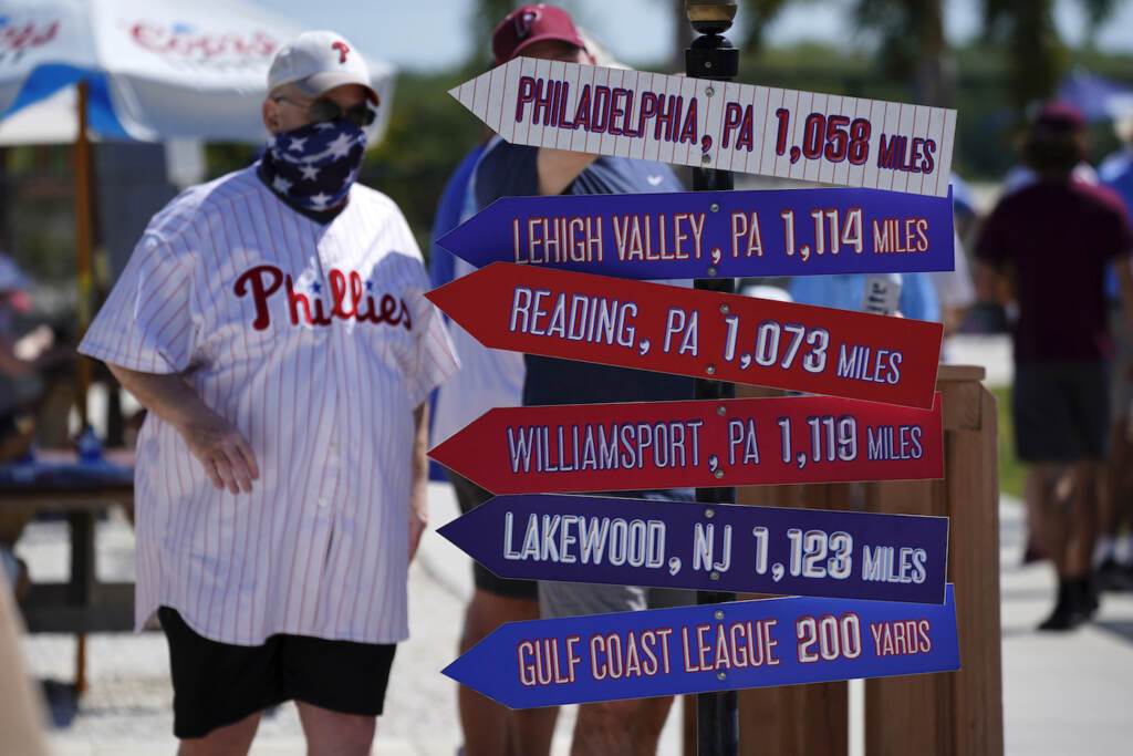 Blue Jays Phillies Spring Baseball A Philadelphia Phillies fan arrives for a spring training exhibition baseball game between the Phillies and the Toronto Blue Jays in Clearwater, Fla., Tuesday, March 16, 2021. (AP Photo/Gene J. Puskar)