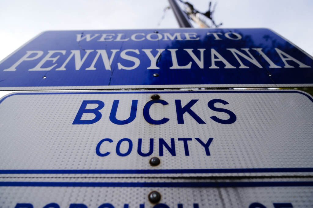 Election 2021 Democrats A sign is posted in New Hope, Pa., upon entering Bucks County from New Jersey, Thursday, Nov. 4, 2021. (AP Photo/Matt Rourke)