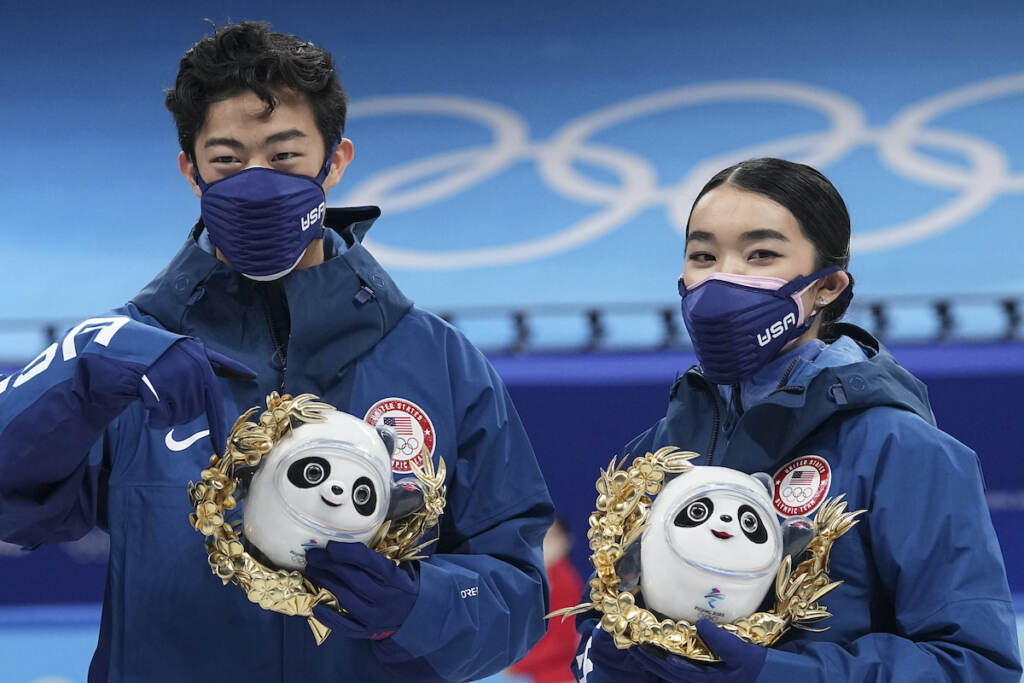 Beijing Olympics Figure Skating Silver medalists Karen Chen and Nathan Chen pose for a photo after the team event in the figure skating competition at the 2022 Winter Olympics, Monday, Feb. 7, 2022, in Beijing. (AP Photo/David J. Phillip)