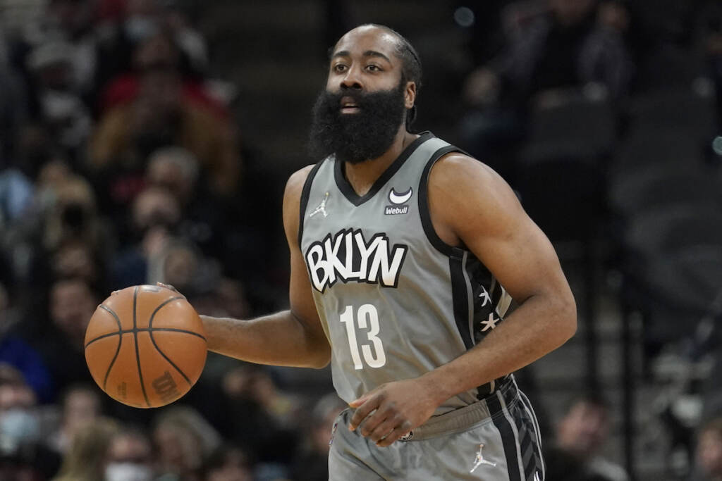 James Harden Brooklyn Nets guard James Harden (13) during the first half of an NBA basketball game against the San Antonio Spurs, Friday, Jan. 21, 2022, in San Antonio. (AP Photo/Eric Gay)