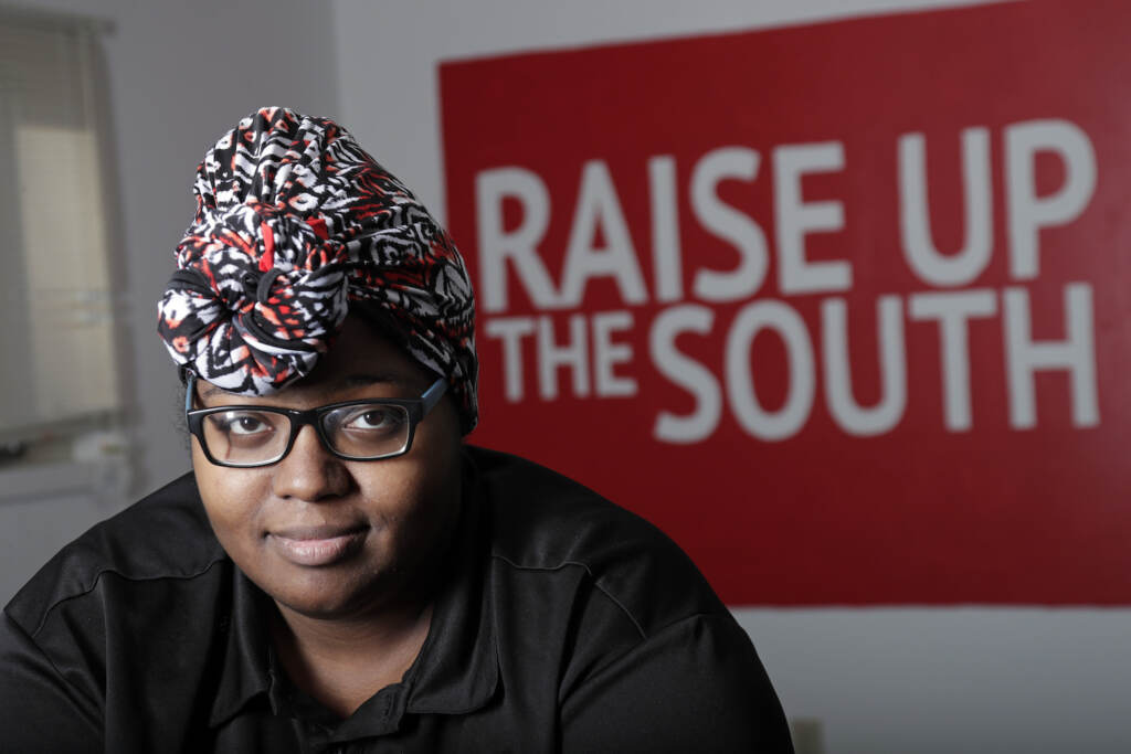 Unions-Young Workers Food service worker Sheree Allen is seen in the Raise Up offices, a branch of the Fight for $15 union, Thursday, Feb. 10, 2022, in Durham, N.C. (AP Photo/Chris Seward)
