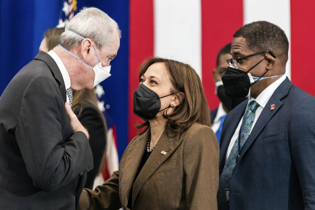 Harris Water Infrastructure New Jersey Vice President Kamala Harris speaks to Gov. Phil Murphy after an event highlighting Newark’s efforts to replace lead water pipes, Friday, Feb. 11, 2022 at the Training Recreation Education Center in Newark, N.J. (AP Photo/Stefan Jeremiah)