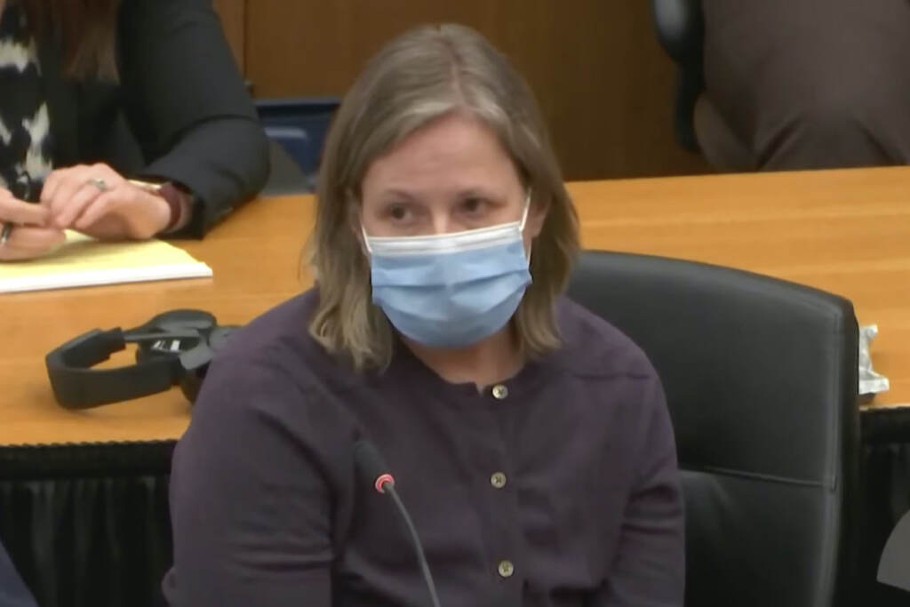 Daunte Wright Officer Trial In this screen grab from video, former Brooklyn Center Police Officer Kim Potter listens during a sentencing hearing Feb. 18, 2022 at the Hennepin County Courthouse in Minneapolis. Potter, who said she confused her Taser and her handgun before shooting Wright during a traffic stop, was convicted of first- and second-degree manslaughter in Wright