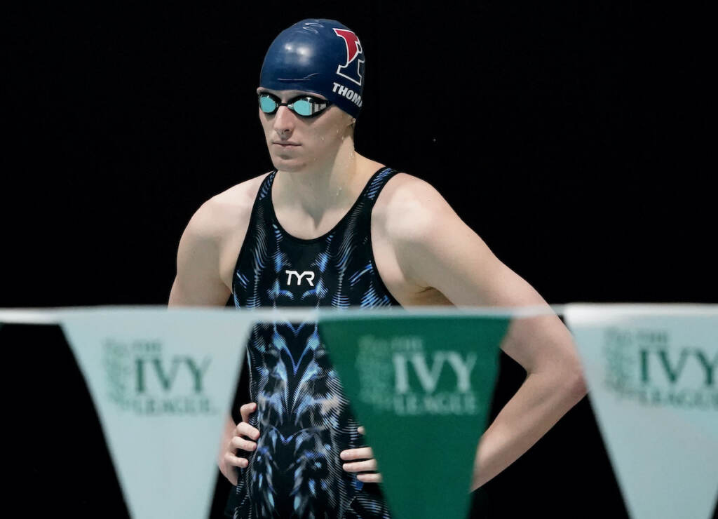 Ivy League Transgender Athletes Swimming Penn's Lia Thomas waits to swim in a qualifying heat of the 200 yard freestyle at the Ivy League Women's Swimming and Diving Championships at Harvard University, Friday, Feb. 18, 2022, in Cambridge, Mass. Thomas, who is transitioning to female, is swimming for the University of Pennsylvania's women's team