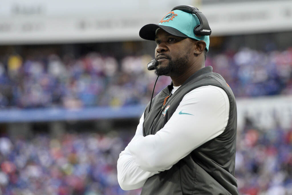 Brian Flores Miami Dolphins head coach Brian Flores watches from the sideline during the first half of an NFL football game against the Buffalo Bills, Sunday, Oct. 31, 2021, in Orchard Park, N.Y. (AP Photo/Adrian Kraus)