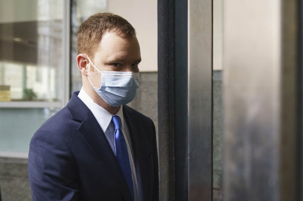 Brandon Bostian, the Amtrak engineer involved in a 2015 derailment in Philadelphia that killed eight people and injured more than 200, arrives at criminal justice center in Philadelphia, Thursday, Feb. 24, 2022. (AP Photo/Matt Rourke)