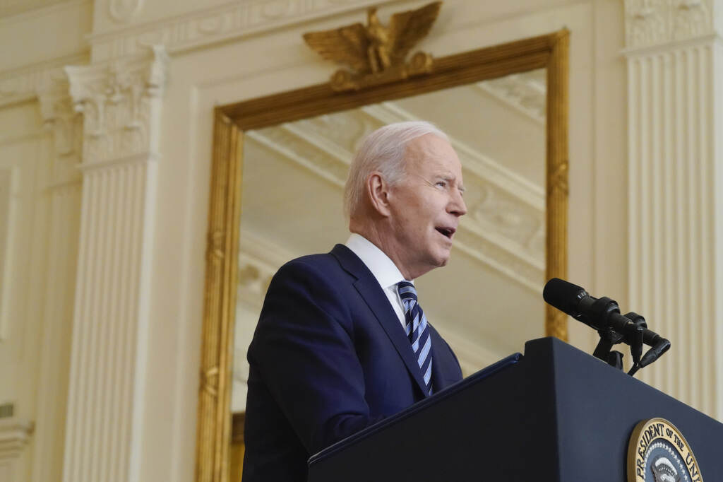 Joe Biden President Joe Biden speaks about the Russian invasion of Ukraine in the East Room of the White House, Thursday, Feb. 24, 2022, in Washington. (AP Photo/Alex Brandon)