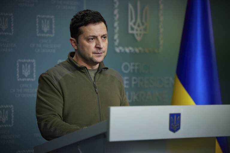 In this photo provided by the Ukrainian Presidential Press Office, Ukrainian President Volodymyr Zelenskyy delivers his speech addressing the nation in Kyiv, Ukraine, Friday, Feb. 25, 2022. Russian troops bore down on Ukraine's capital Friday, with explosions and gunfire sounding in the city as the invasion of a democratic country fueled fears of wider war in Europe and triggered new international efforts — including direct sanctions on President Vladimir Putin — to make Moscow stop