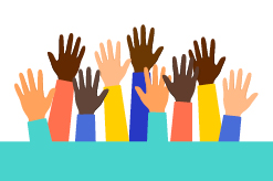 A graphic of hands reaching up