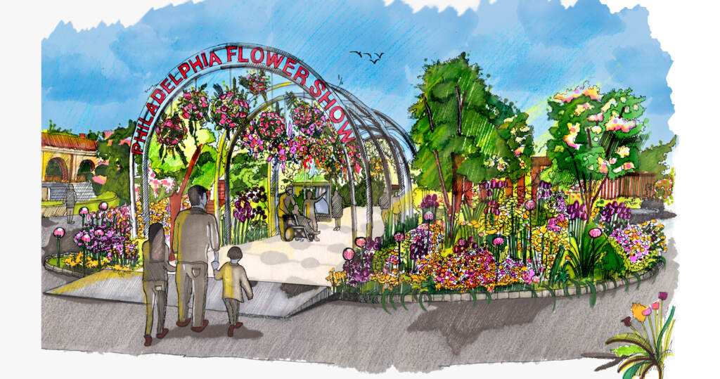 Entry Garden – Hand Rendering Artist rendering of the entry garden for the 2022 Philadelphia Flower Show