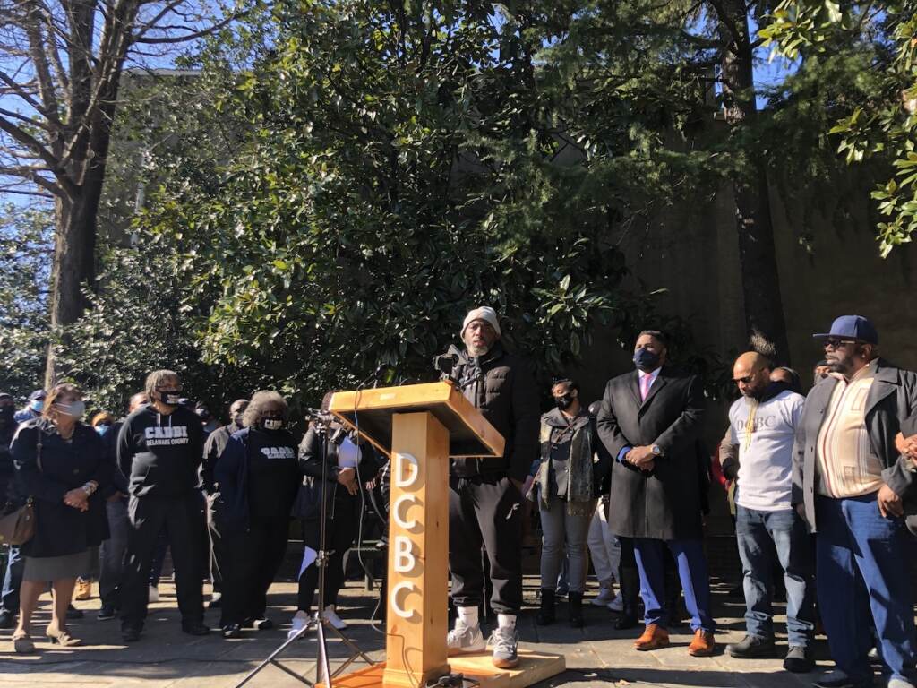 Leroy Evans’ nephew, Eric Evans, speaking at a rally for Leroy’s freedom on Thursday morning. (Emily Rizzo, WHYY) Leroy Evans' nephew, Eric Evans, speaking at a rally for Leroy's freedom on Thursday morning