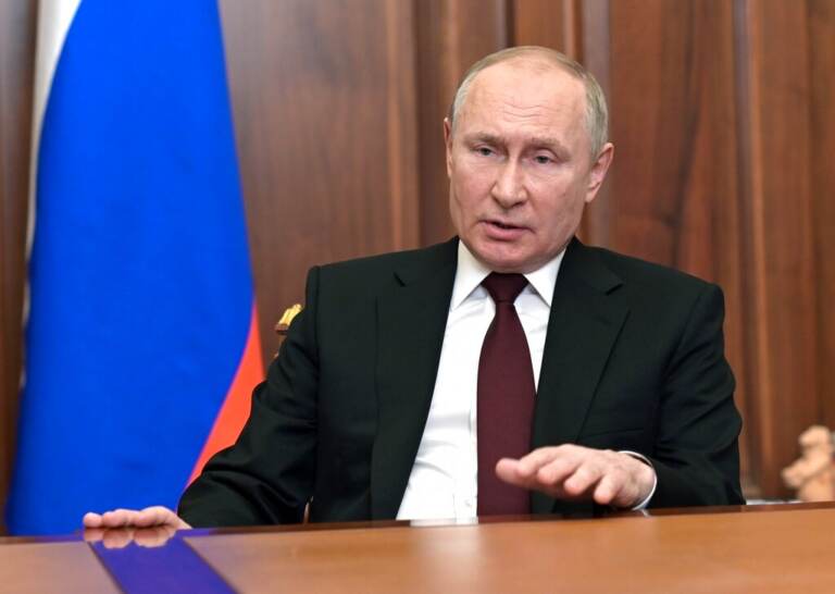 Russian President Vladimir Putin addresses the nation in the Kremlin in Moscow, Russia, Monday, Feb. 21, 2022. Russia's Putin has recognized the independence of separatist regions in eastern Ukraine, raising tensions with West. (Alexei Nikolsky/Sputnik/Kremlin Pool Photo via AP)