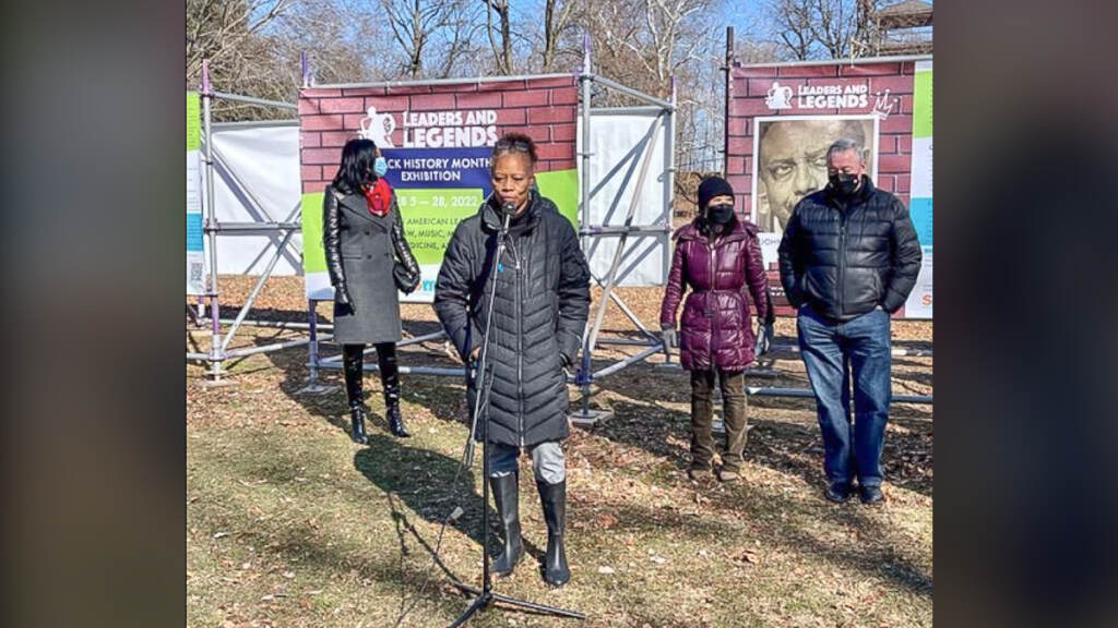 Screen-Shot-2022-02-08-at-1.29.17-PM Latoya Hackney, wife of Otis Hackney, accepts the honor Saturday during Smith Memorial Playground’s program in East Fairmount Park. Frances Hoover, Smith Playground executive director, City Councilmember Helen Gym and Mayor Jim Kenney were also on hand for the 'Leaders and Legends of Philadelphia' program. (O.J. Spivey/The Philadelphia Tribune)