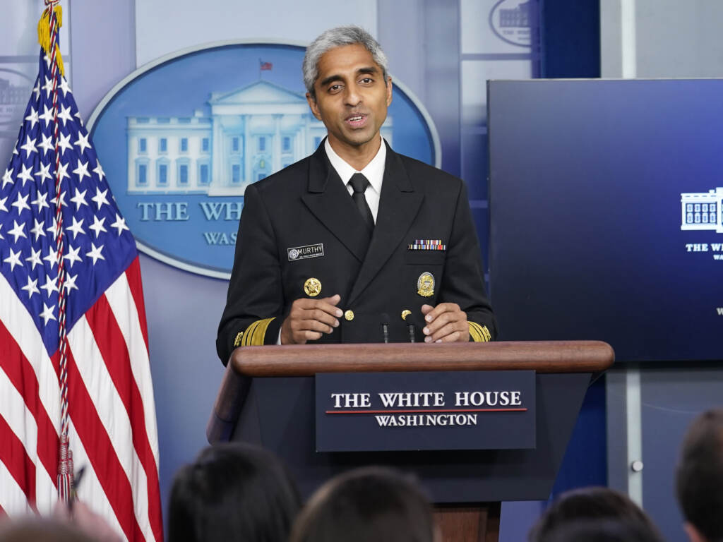 File photo: In this Thursday, July 15, 2021 file photo, Surgeon General Dr. Vivek Murthy speaks during the daily briefing at the White House in Washington. (AP Photo/Susan Walsh)
