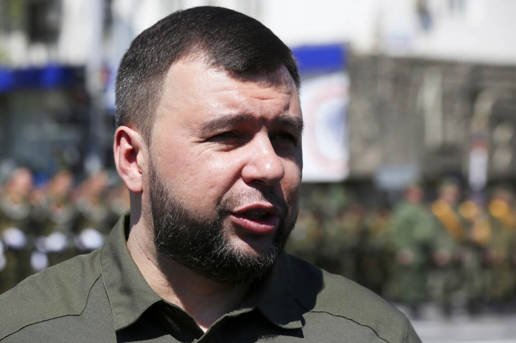 Denis Pushilin, the leader of the self-proclaimed Donetsk People’s Republic, an area controlled by Russia-backed separatists in eastern Ukraine, speaks to journalists on May 5, 2021. Denis Pushilin, the leader of the Donetsk People's Republic controlled by Russia-backed separatists, speaks to journalists during a rehearsal for the Victory Day military parade in Donetsk, Ukraine, Wednesday, May 5, 2021. (AP Photo/Alexei Alexandrov)
