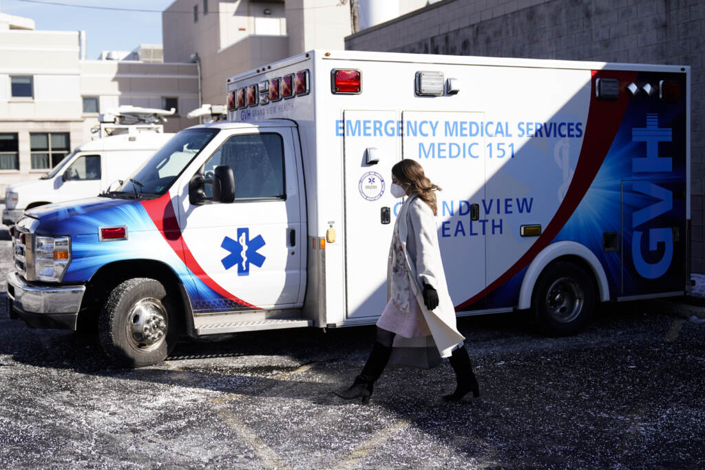 Acting Secretary of Health Keara Klinepeter walks from a news conference at Grandview Health in Sellersville, Pa., Monday, Jan. 24, 2022