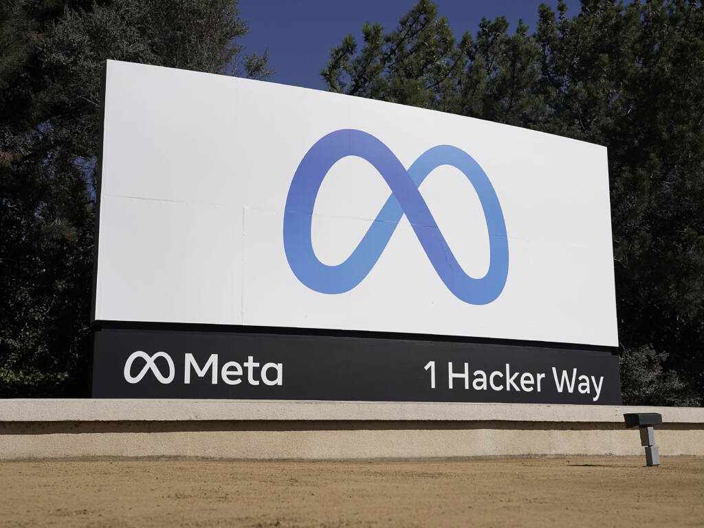 Meta, Facebook’s parent company, says the decision to bar Russian state media from making money on its platform comes in response to the invasion of Ukraine. Facebook's Meta logo sign is seen at the company headquarters