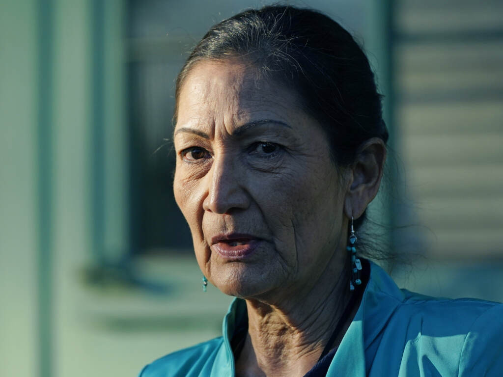 Interior Secretary Deb Haaland speaks with reporters on Feb. 15 about visiting several communities and sites in Mississippi to honor individuals and events that advanced the civil rights movement. (Rogelio V. Solis/AP)