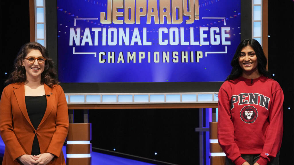 Jeopardy! National College Championship – 2022 Mehek Boparai (right) on set with Mayim Bialik
