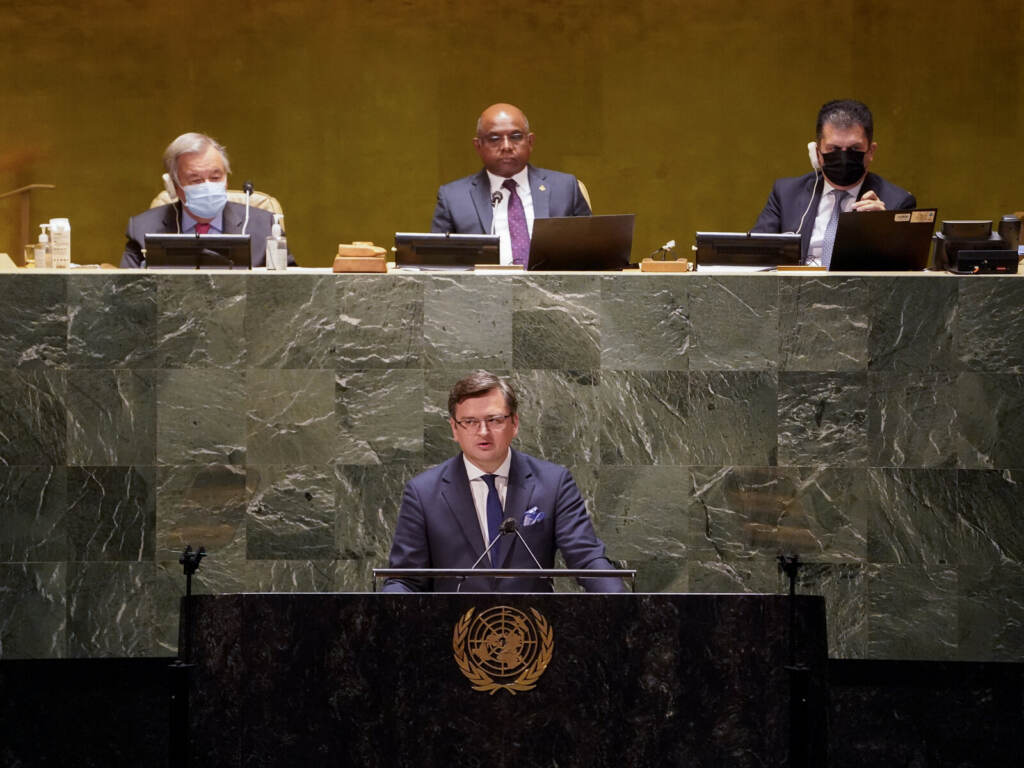 Ukrainian Foreign Minister Dmytro Kuleba speaks at the general assembly hall