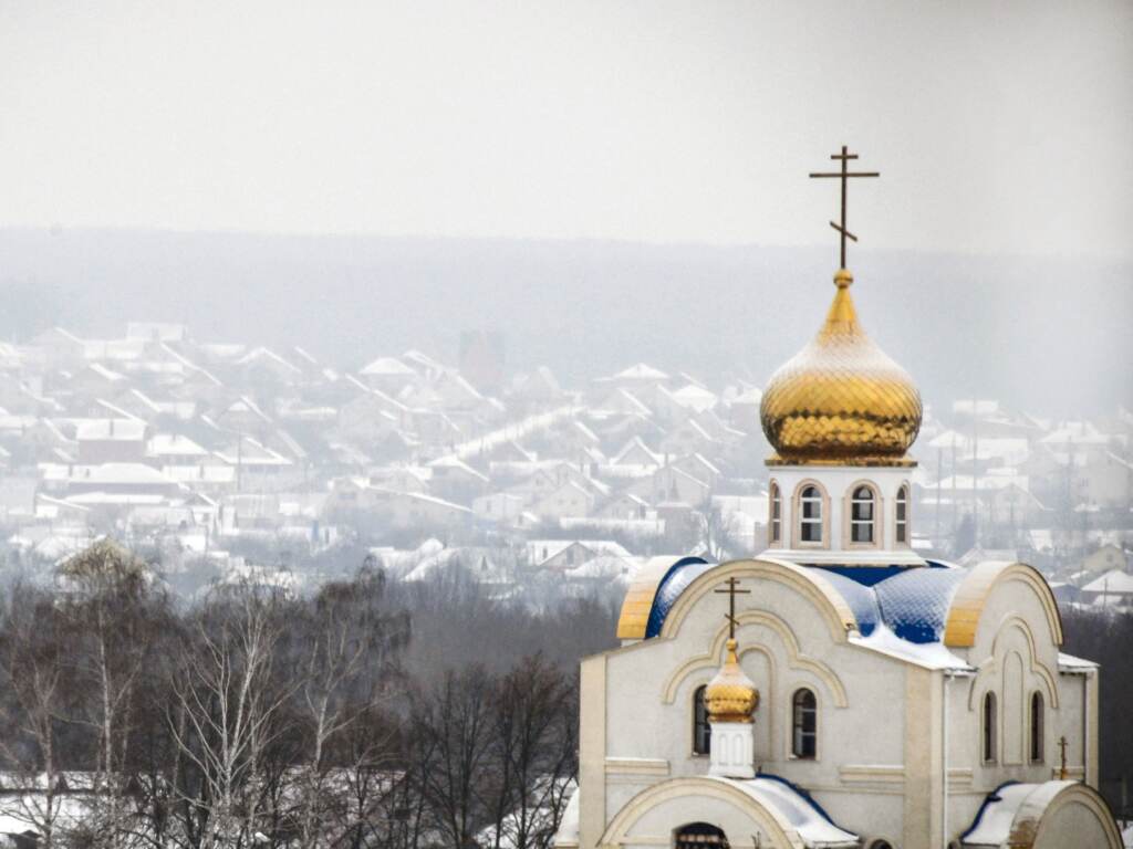 A church is seen in the Russian village of Shebekino outside Belgorod, a few miles from the Ukrainian border, on Jan. 27, 2022. A church is seen in the Russian village of Shebekino outside Belgorod, a few miles from the Ukrainian border, on Jan. 27, 2022. (Alexander Nemenov/AFP via Getty Images)