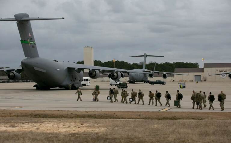 US troops deploy for Europe from Pope Army Airfield at Fort Bragg, North Carolina, on February 3, 2022. (Photo by Allison Joyce / AFP) (Photo by ALLISON JOYCE/AFP via Getty Images)