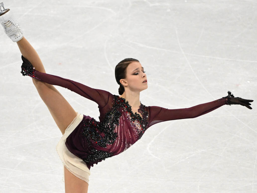 Russia’s Anna Shcherbakova won gold in the women’s free skating event during the Beijing 2022 Winter Olympic Games. Russia's Anna Shcherbakova competes in the women's single skating free skating of the figure skating event during the Beijing 2022 Winter Olympic Games at the Capital Indoor Stadium in Beijing on Feb. 17, 2022. (Photo by Kirill KUDRYAVTSEV / AFP) (Photo by KIRILL KUDRYAVTSEV/AFP via Getty Images)