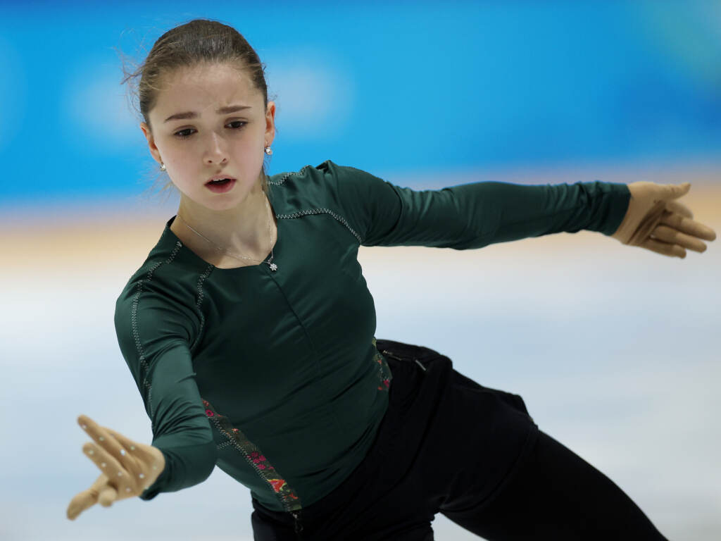 Kamila Valieva of Team ROC skates during a figure skating training session on day eight of the Beijing 2022 Winter Olympic Games at Capital Indoor Stadium practice rink on February 12, 2022 in Beijing, China. (Photo by Matthew Stockman/Getty Images)
