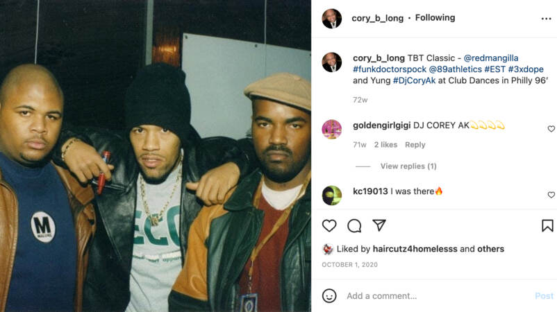 A screenshot of an image and comments from Instagram of a picture of DJ Cory Long