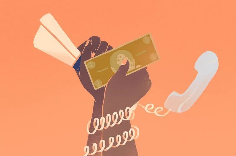 Scammers usually rely on phone calls to try to con their victims. An illustration of hands holding up a diploma and money, with a phone cord wrapped around their arms