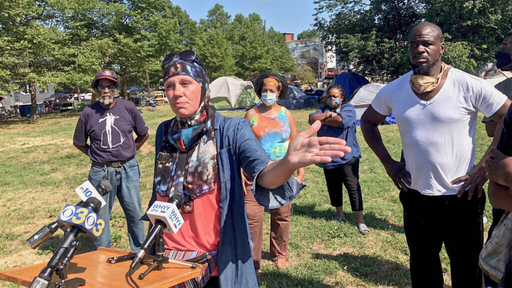 jenniferbennetch-housing-protest Jennifer Bennetch speaks on behalf of residents of a protest encampment in July 2020 SUSAN PHILLIPS / WHYY