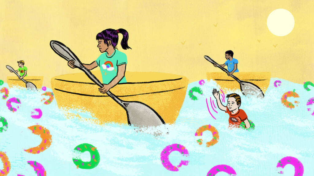 Families of children who attend school online are no longer eligible for the P-EBT. An illustration of children riding in bowls amid a tide of cereal