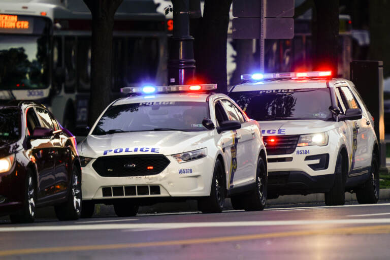 Shown are Philadelphia police vehicles on a traffic stop