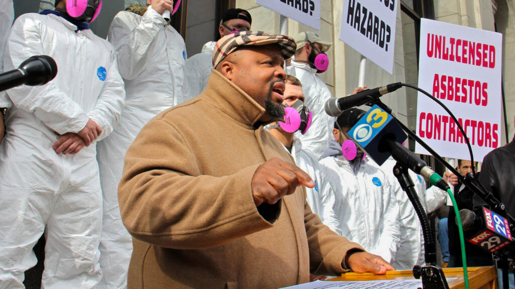 2020 02 12-e lee-ryan boyer-philadelphia public ledger building- Ryan Boyer, business manager of Laborers District Council, joins other union leaders in criticizing the handling of asbestos during construction at the Public Ledger Building. (Emma Lee/WHYY)