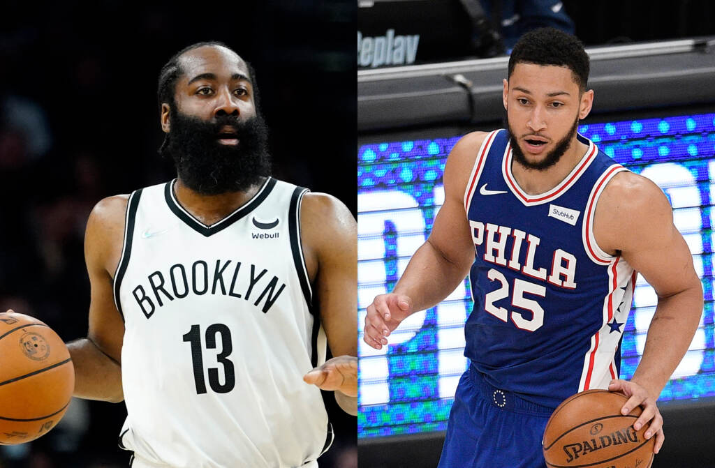 76ers Simmons Basketball Brooklyn Nets guard James Harden (13) and Philadelphia 76ers guard Ben Simmons (25), part of a deadline day trade between the two NBA franchises on Feb. 10, 2022. (AP Photos/Matt York/Nick Wass, File)