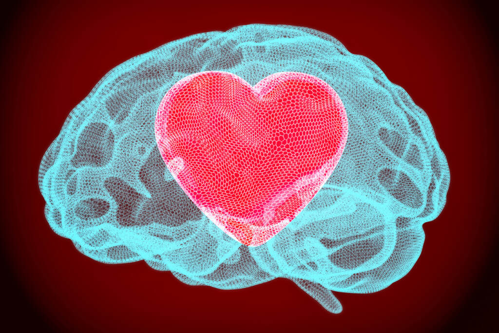 Illustration of a pink heart inside blue brain